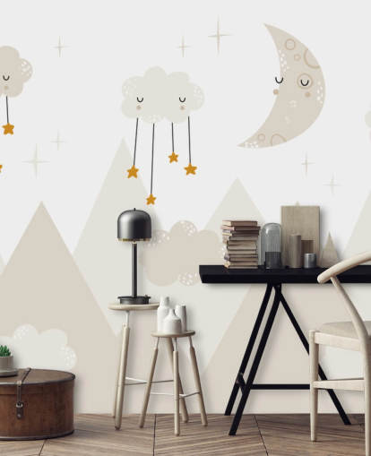 stars raining from clouds cute wallpaper mural with mountains Scandi style stars raining from clouds cute wallpaper mural with mountains Scandi style