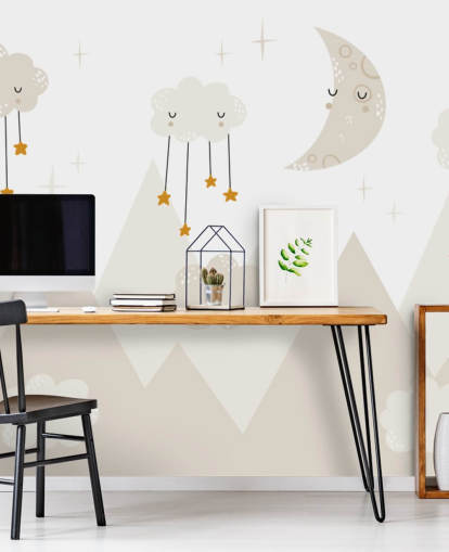 stars raining from clouds cute wallpaper mural with mountains Scandi style
