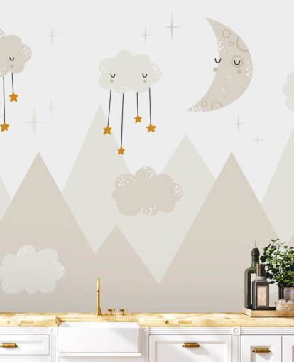 bonito mural de papel pintado de estrellas que llueven de las nubes con montañas de estilo escandinavo bonito mural de papel pintado de estrellas que llueven de las nubes con montañas de estilo escandinavo