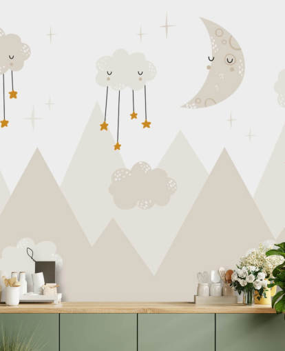 étoiles pleuvant des nuages, joli papier peint mural avec des montagnes, style scandinave