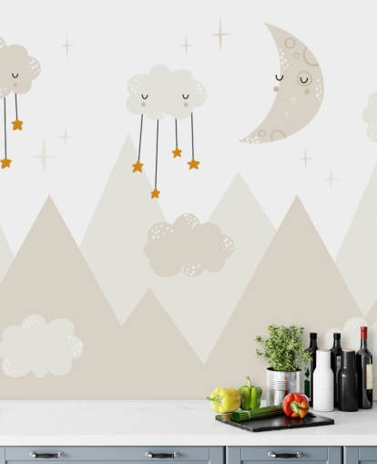 bonito mural de papel pintado de estrellas que llueven de las nubes con montañas de estilo escandinavo