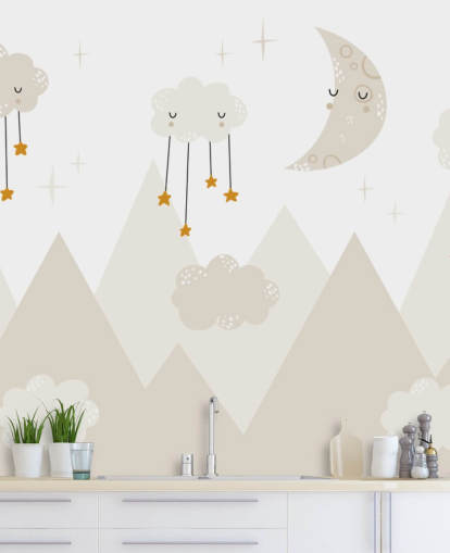estrelas chovendo das nuvens lindo mural de papel de parede com montanhas em estilo Scandi
