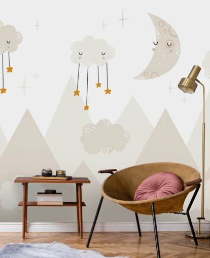 stars raining from clouds cute wallpaper mural with mountains Scandi style