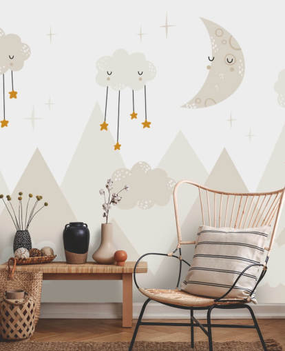 stars raining from clouds cute wallpaper mural with mountains Scandi style