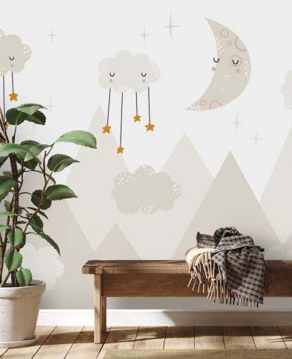 estrelas chovendo das nuvens lindo mural de papel de parede com montanhas em estilo Scandi