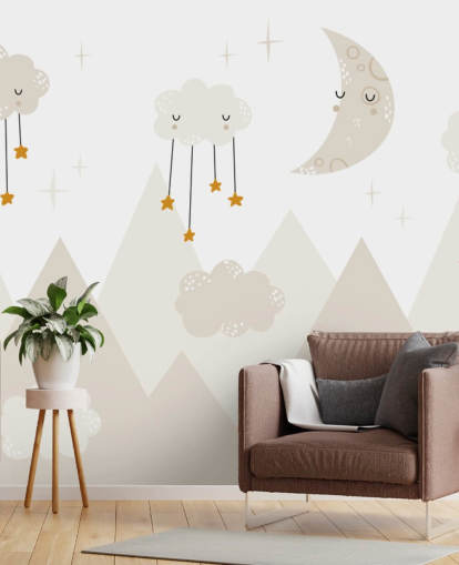 stars raining from clouds cute wallpaper mural with mountains Scandi style stars raining from clouds cute wallpaper mural with mountains Scandi style