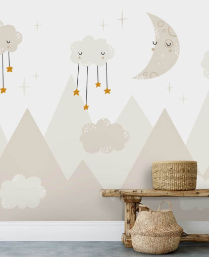 bonito mural de papel pintado de estrellas que llueven de las nubes con montañas de estilo escandinavo