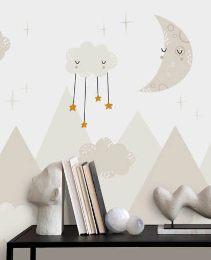 estrelas chovendo das nuvens lindo mural de papel de parede com montanhas em estilo Scandi
