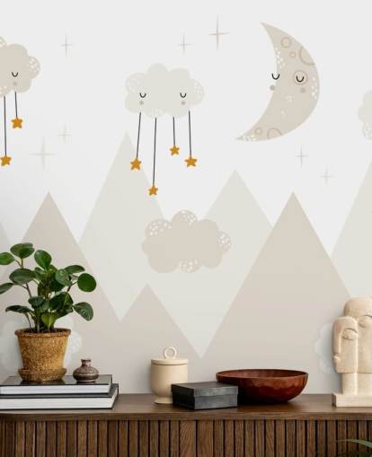 stars raining from clouds cute wallpaper mural with mountains Scandi style stars raining from clouds cute wallpaper mural with mountains Scandi style