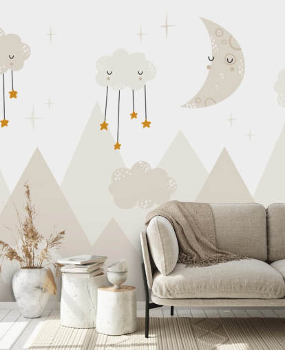 stars raining from clouds cute wallpaper mural with mountains Scandi style stars raining from clouds cute wallpaper mural with mountains Scandi style