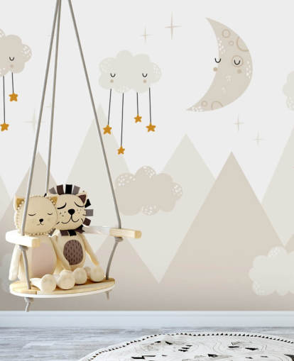 stars raining from clouds cute wallpaper mural with mountains Scandi style