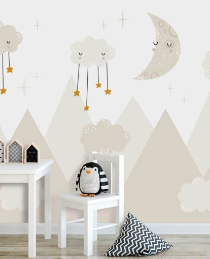 stars raining from clouds cute wallpaper mural with mountains Scandi style 