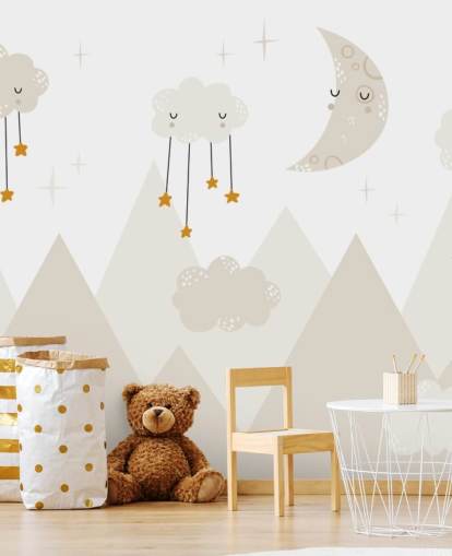 bonito mural de papel pintado de estrellas que llueven de las nubes con montañas de estilo escandinavo