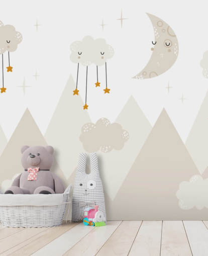 stars raining from clouds cute wallpaper mural with mountains Scandi style
