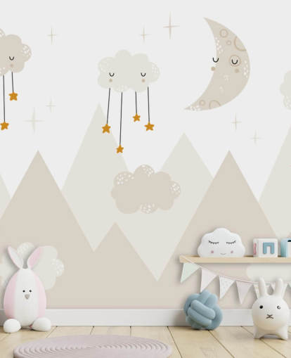 stars raining from clouds cute wallpaper mural with mountains Scandi style
