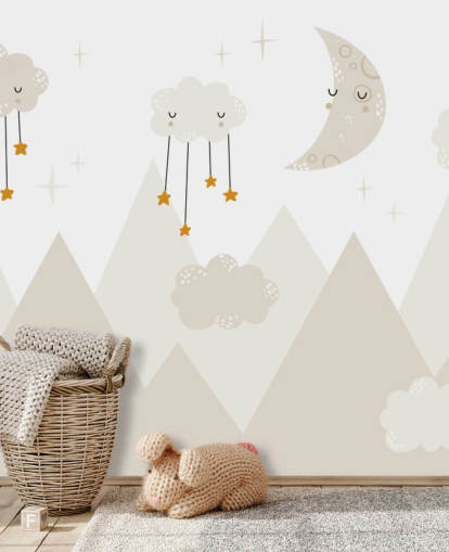 étoiles pleuvant des nuages, joli papier peint mural avec des montagnes, style scandinave