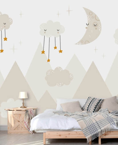 stars raining from clouds cute wallpaper mural with mountains Scandi style