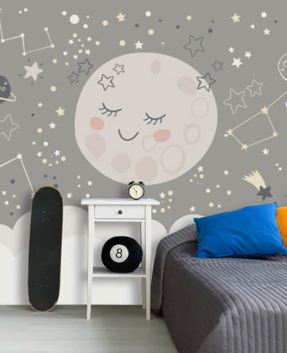 papier peint mural de lune souriante et de ciel étoilé en gris et blanc