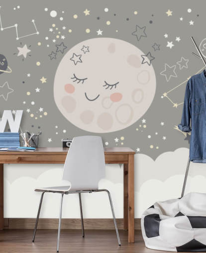 carta da parati murale con luna sorridente e cielo stellato in grigio e bianco