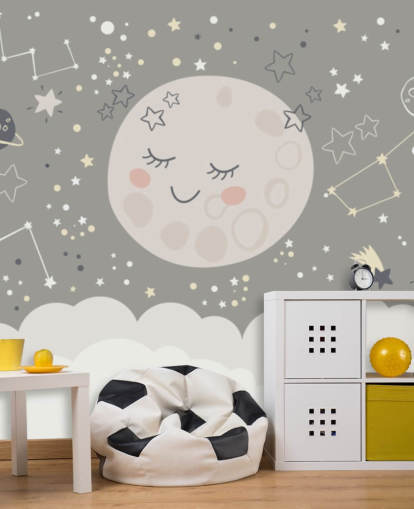papier peint mural de lune souriante et de ciel étoilé en gris et blanc papier peint mural de lune souriante et de ciel étoilé en gris et blanc