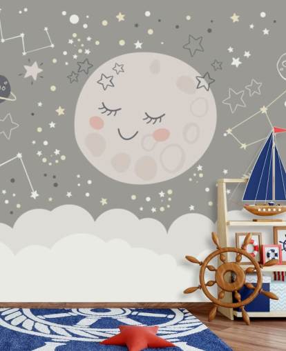 smilende måne og stjernehimmel tapetmaleri i grått og hvitt