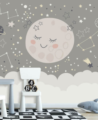 mural de papel de parede de lua sorridente e céu estrelado em cinza e branco