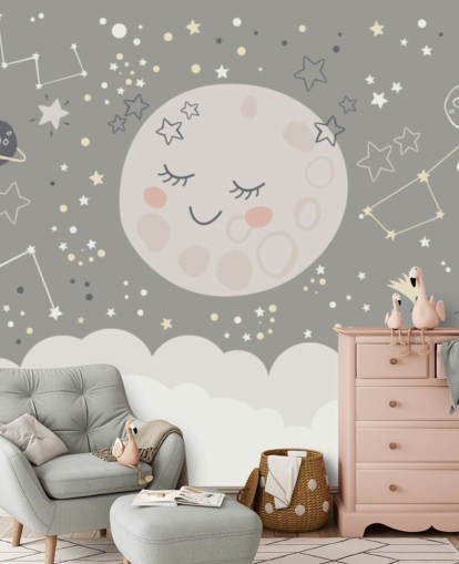 mural de papel pintado de luna sonriente y cielo estrellado en gris y blanco mural de papel pintado de luna sonriente y cielo estrellado en gris y blanco