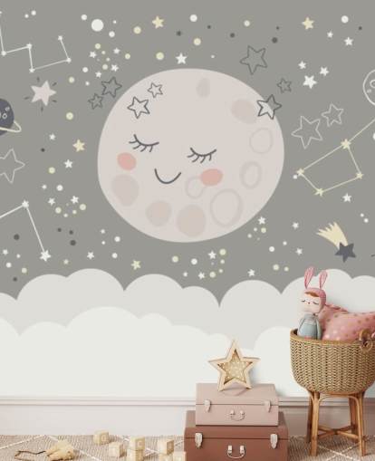 smiling moon and starry sky wallpaper mural in grey and white