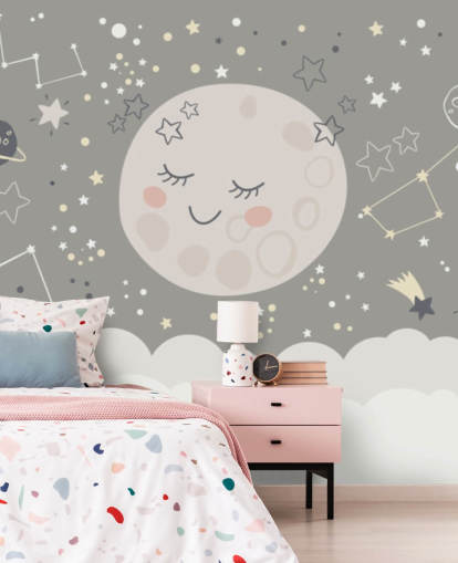 carta da parati murale con luna sorridente e cielo stellato in grigio e bianco