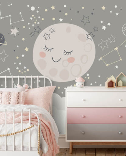 Tapeten-Wandbild mit lächelndem Mond und Sternenhimmel in Grau und Weiß Tapeten-Wandbild mit lächelndem Mond und Sternenhimmel in Grau und Weiß