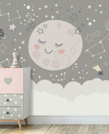 carta da parati murale con luna sorridente e cielo stellato in grigio e bianco
