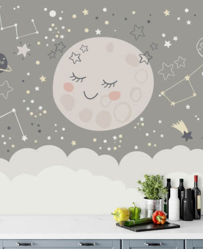 smiling moon and starry sky wallpaper mural in gray and white