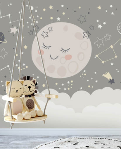 mural de papel de parede de lua sorridente e céu estrelado em cinza e branco mural de papel de parede de lua sorridente e céu estrelado em cinza e branco