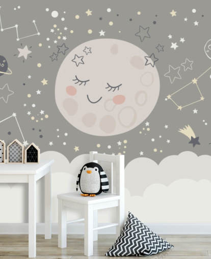 mural de papel de parede de lua sorridente e céu estrelado em cinza e branco