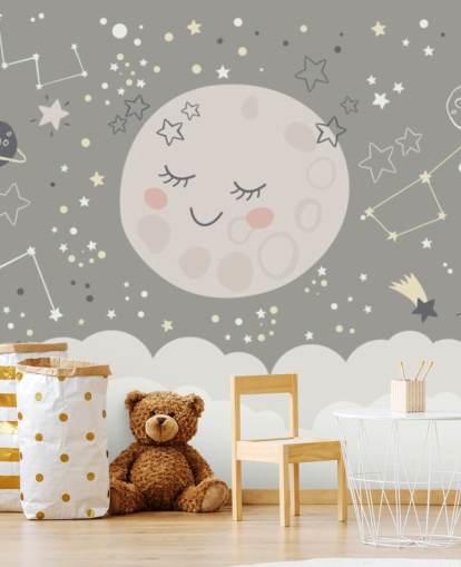 Tapeten-Wandbild mit lächelndem Mond und Sternenhimmel in Grau und Weiß