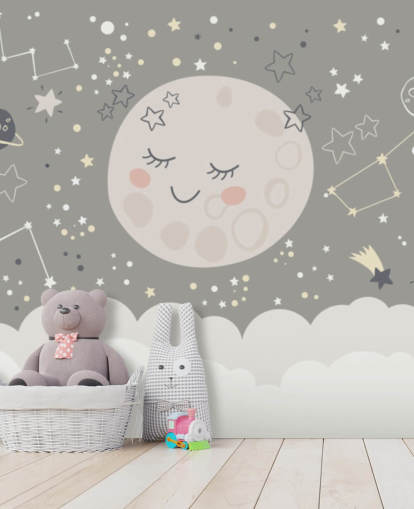 mural de papel pintado de luna sonriente y cielo estrellado en gris y blanco mural de papel pintado de luna sonriente y cielo estrellado en gris y blanco