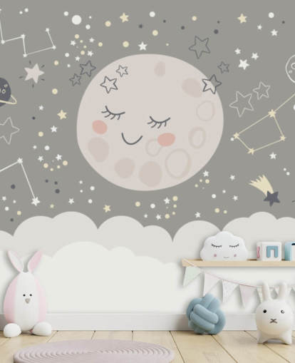 mural de papel pintado de luna sonriente y cielo estrellado en gris y blanco