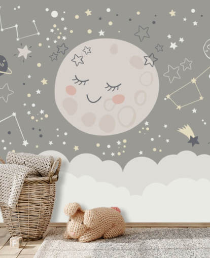 Tapeten-Wandbild mit lächelndem Mond und Sternenhimmel in Grau und Weiß