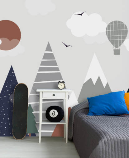 grijze en blauwe op maat gemaakte bergbehangmuurschildering voor kinderen voor kinderkamers grijze en blauwe op maat gemaakte bergbehangmuurschildering voor kinderen voor kinderkamers