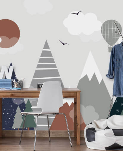 carta da parati murale personalizzata per bambini con montagne grigie e blu per le camerette dei bambini
