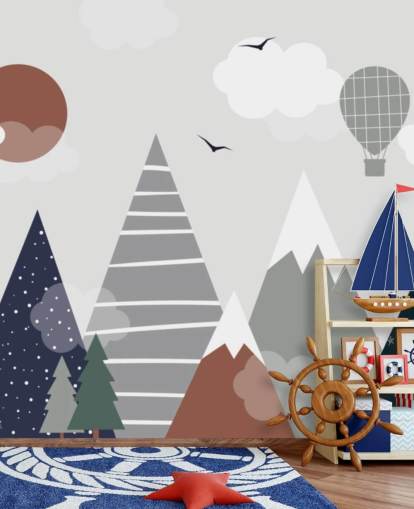 grijze en blauwe op maat gemaakte bergbehangmuurschildering voor kinderen voor kinderkamers