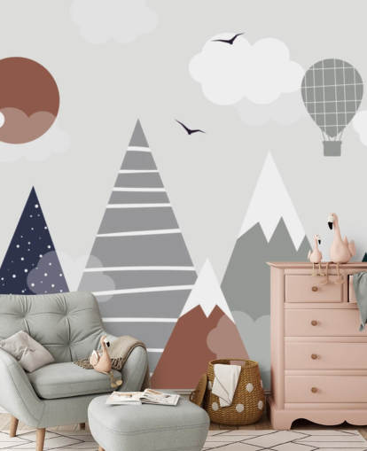 grey and blue custom kids mountain wallpaper mural for children's bedrooms