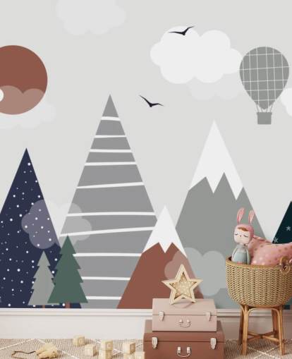 mural de papel de parede de montanha infantil personalizado cinza e azul para quartos infantis