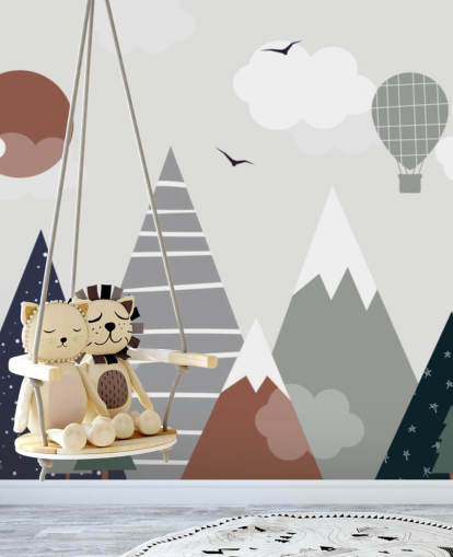 carta da parati murale personalizzata per bambini con montagne grigie e blu per le camerette dei bambini