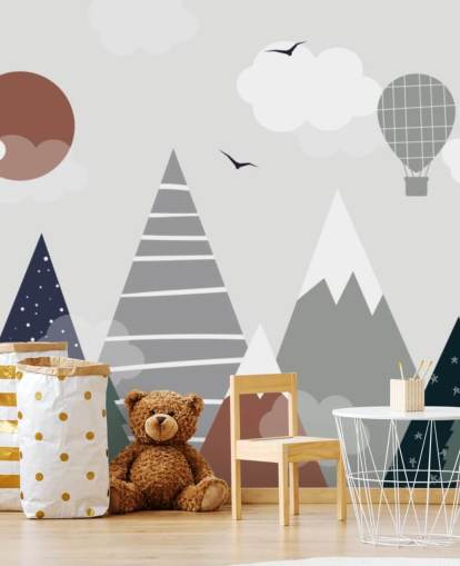 grijze en blauwe op maat gemaakte bergbehangmuurschildering voor kinderen voor kinderkamers