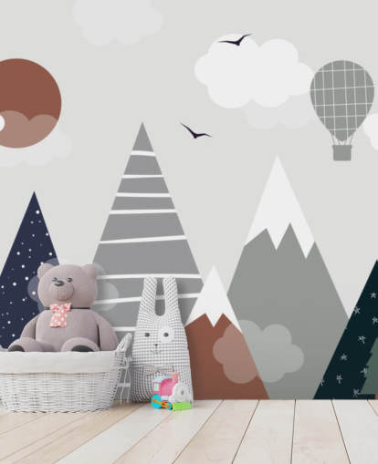 mural de papel de parede de montanha infantil personalizado cinza e azul para quartos infantis