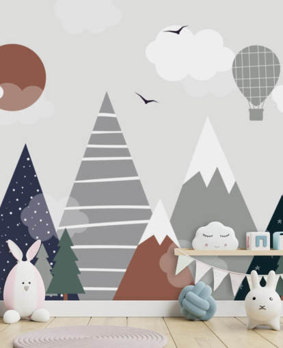 mural de papel pintado de montaña personalizado gris y azul para dormitorios infantiles