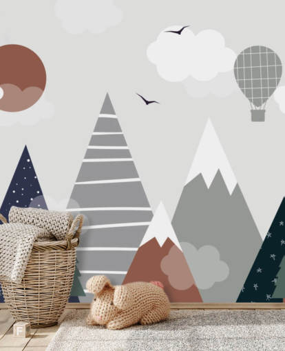 mural de papel pintado de montaña personalizado gris y azul para dormitorios infantiles