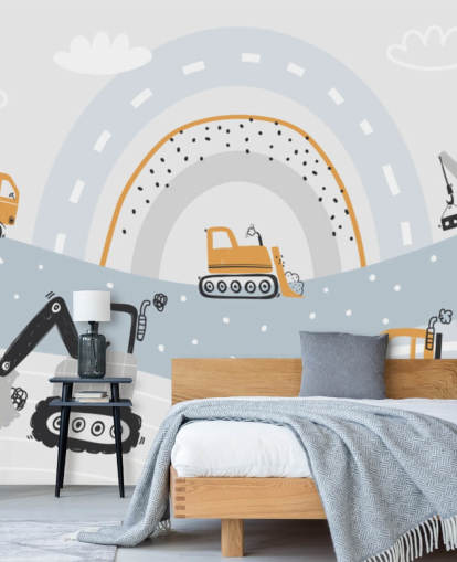 autoja ja kaivajia vuorilla sateenkaaren taustakuvamaalauksella autoja ja kaivajia vuorilla sateenkaaren taustakuvamaalauksella