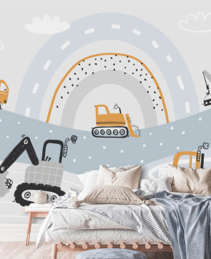 cars and diggers on mountains with rainbow wallpaper mural
